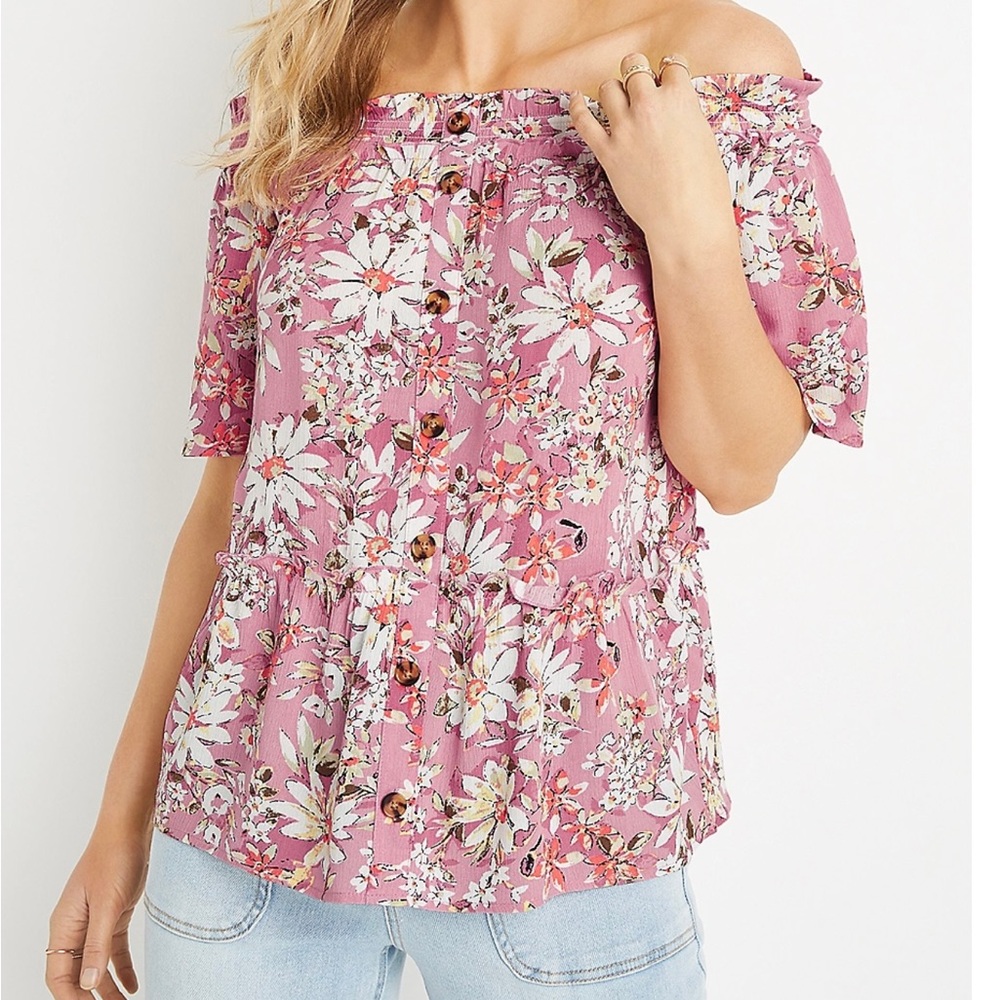 Plus size pink floral off the shoulder button front top